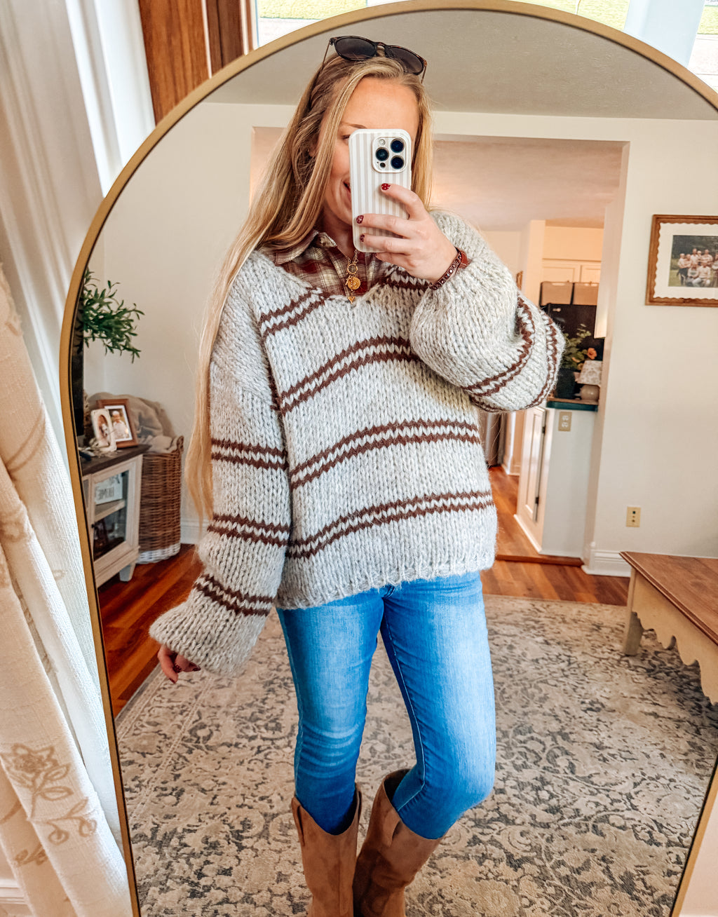Wrapped In Warmth Striped Fuzzy VNeck Sweater