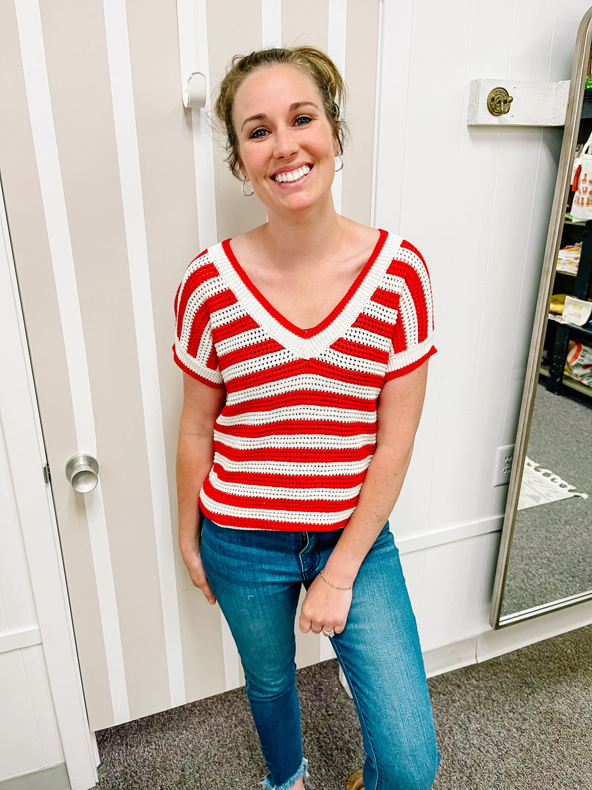 Patriotic Striped Knit Top-Red