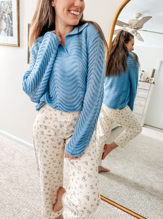 The Wavy Texture Way Sweater-Blue