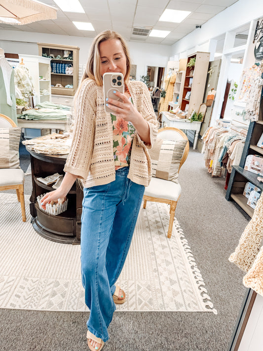 Soft Seasons Crochet Cardigan (S-XL)-Oatmeal