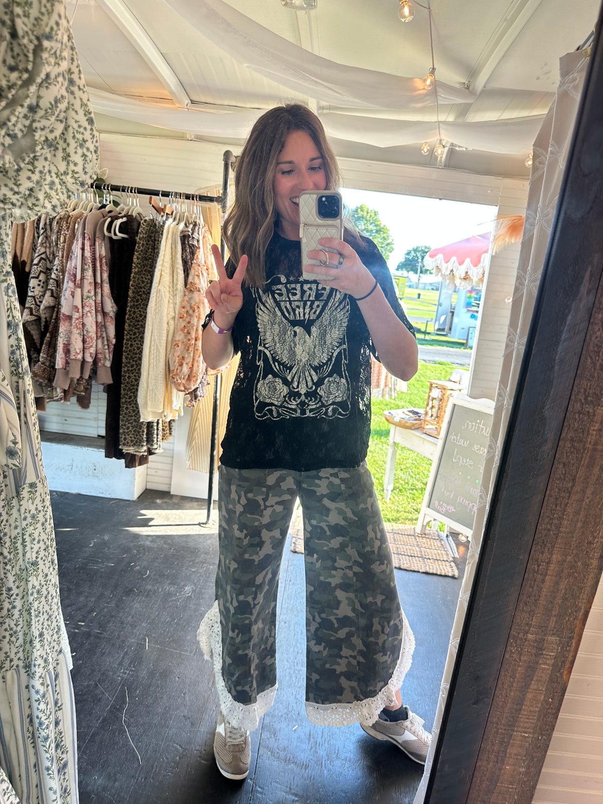 Free Bird Graphic Sheer Lace Tee