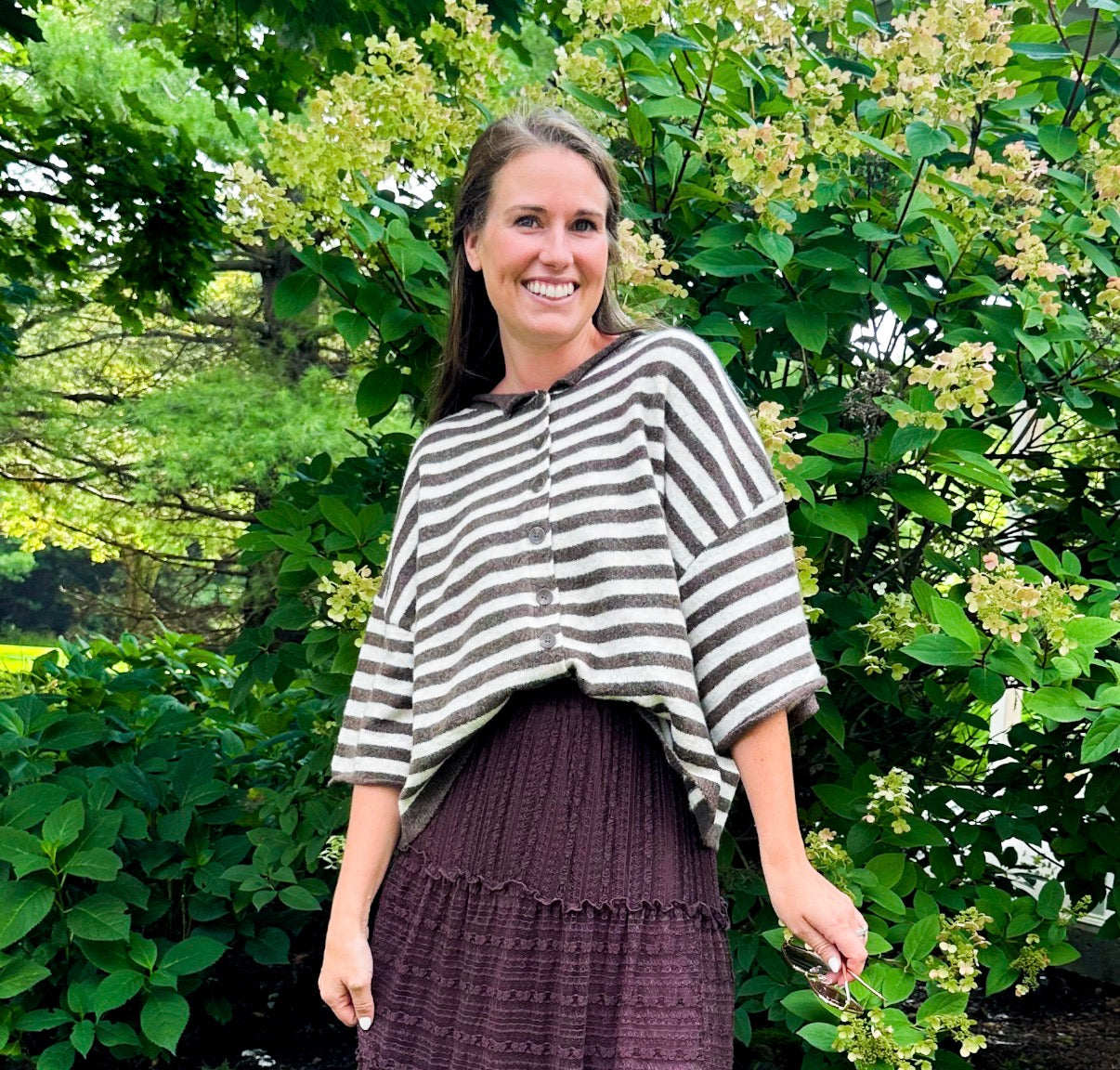 Golden Hour Striped Button Down Cardigan-Brown