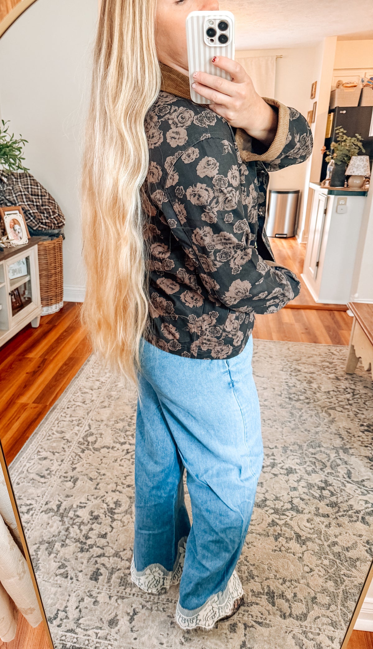 Floral Print Corduroy Collar Barn Jacket
