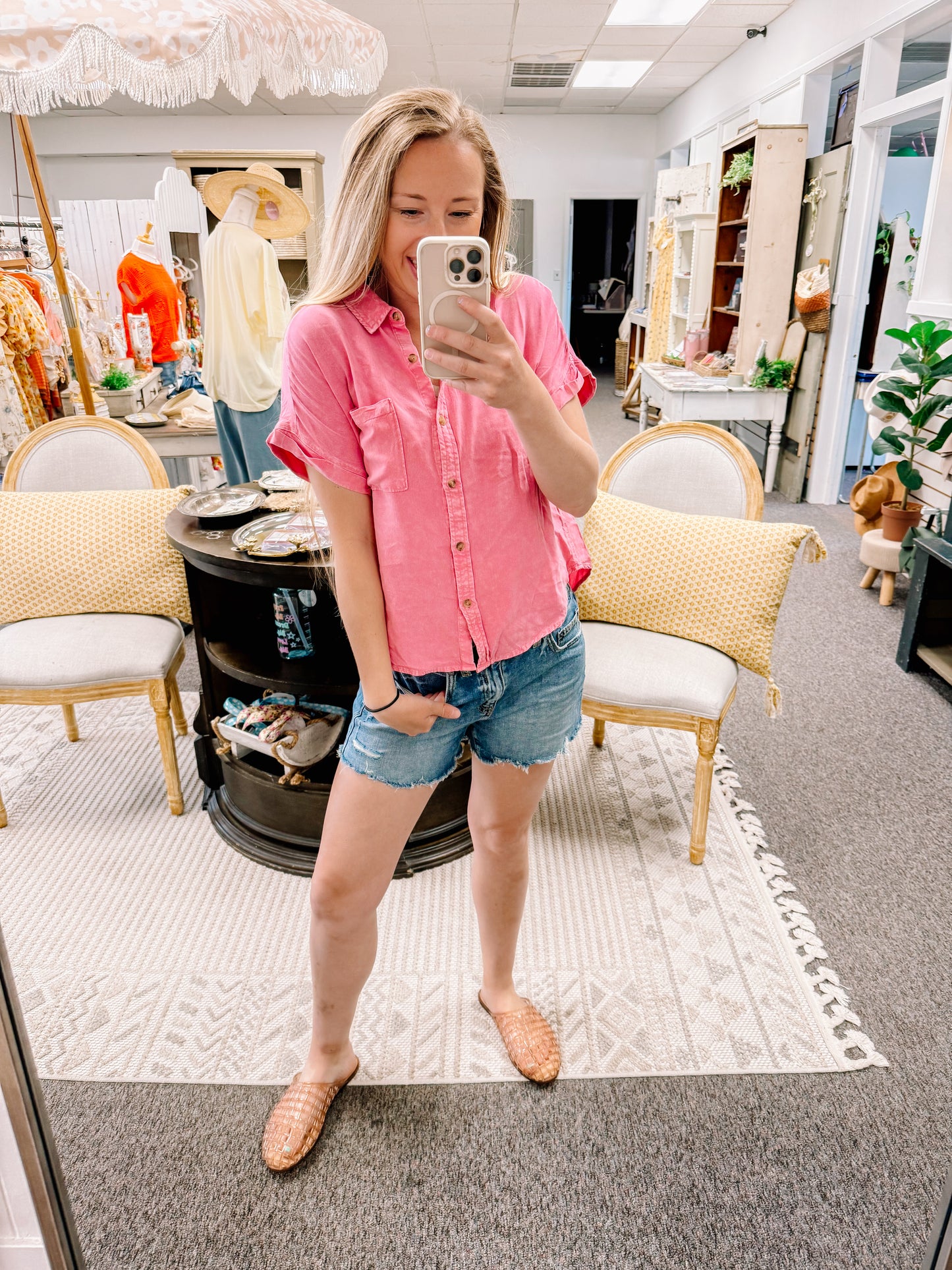 Mineral Wash Button-Up Sleeve Shirt-Pink