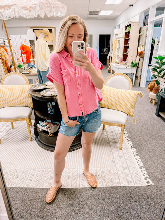 Mineral Wash Button-Up Sleeve Shirt-Pink