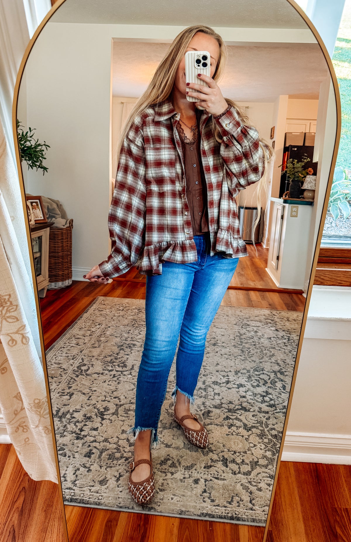 Button Down Check Plaid Babydoll Peplum Shirt