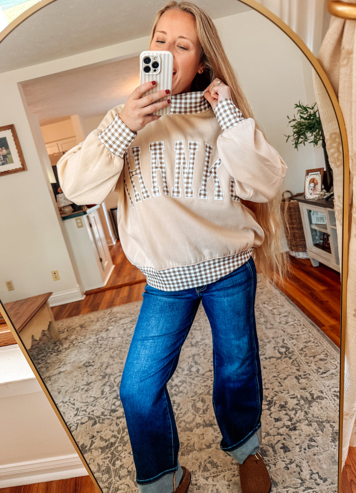 ‘Thanks’ Gingham Check Pullover Graphic (S-XL)