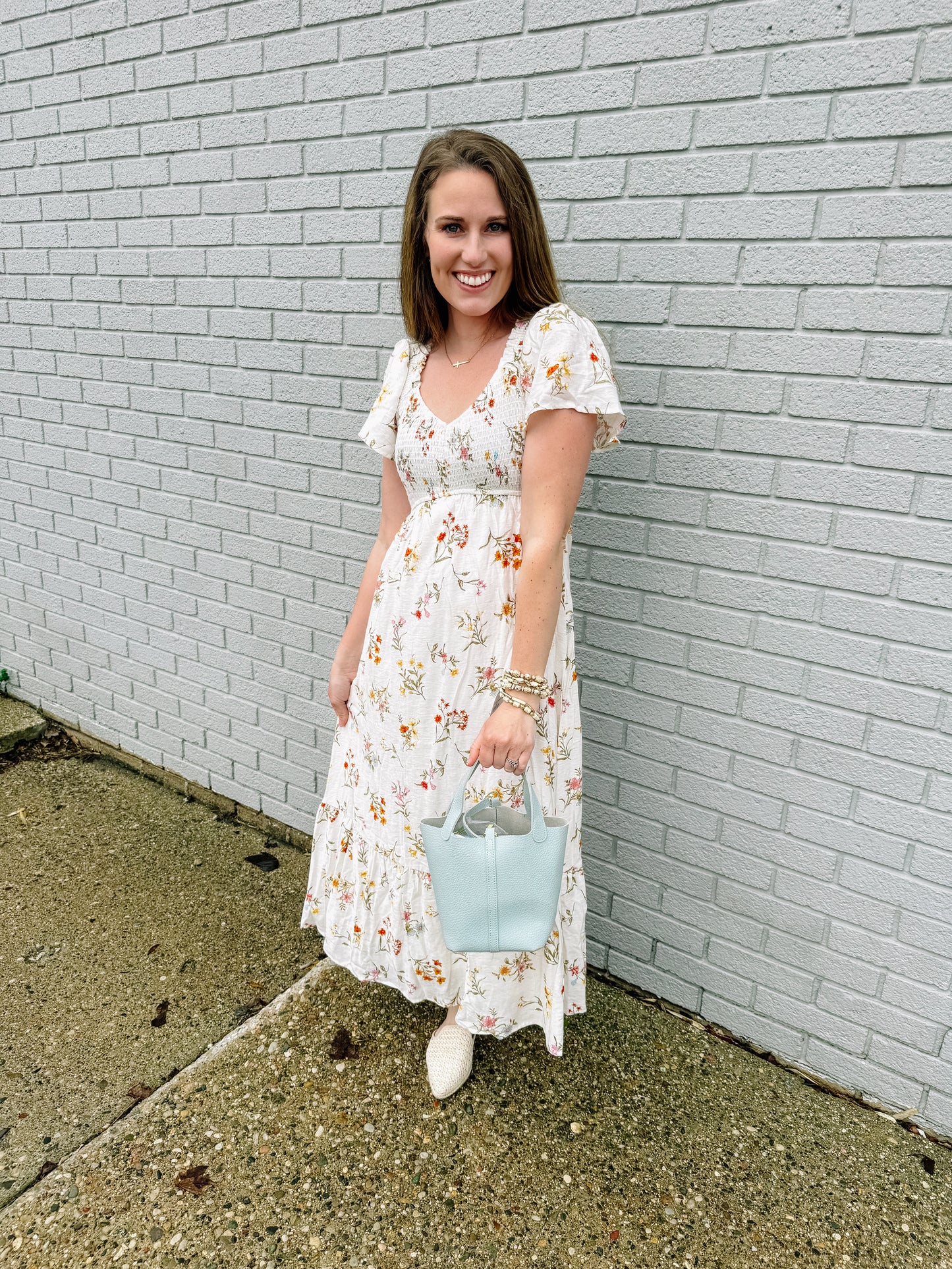 Floral Bell Sleeve Smocked Midi Dress