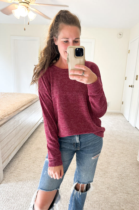 Washed in Wine Knit Pullover Top (S-XL)