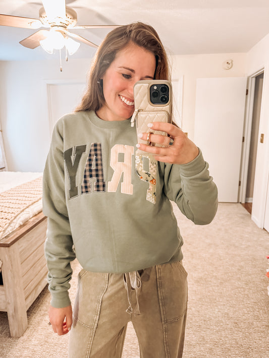 Pray Embroidered Crew-Sage(S-3X)