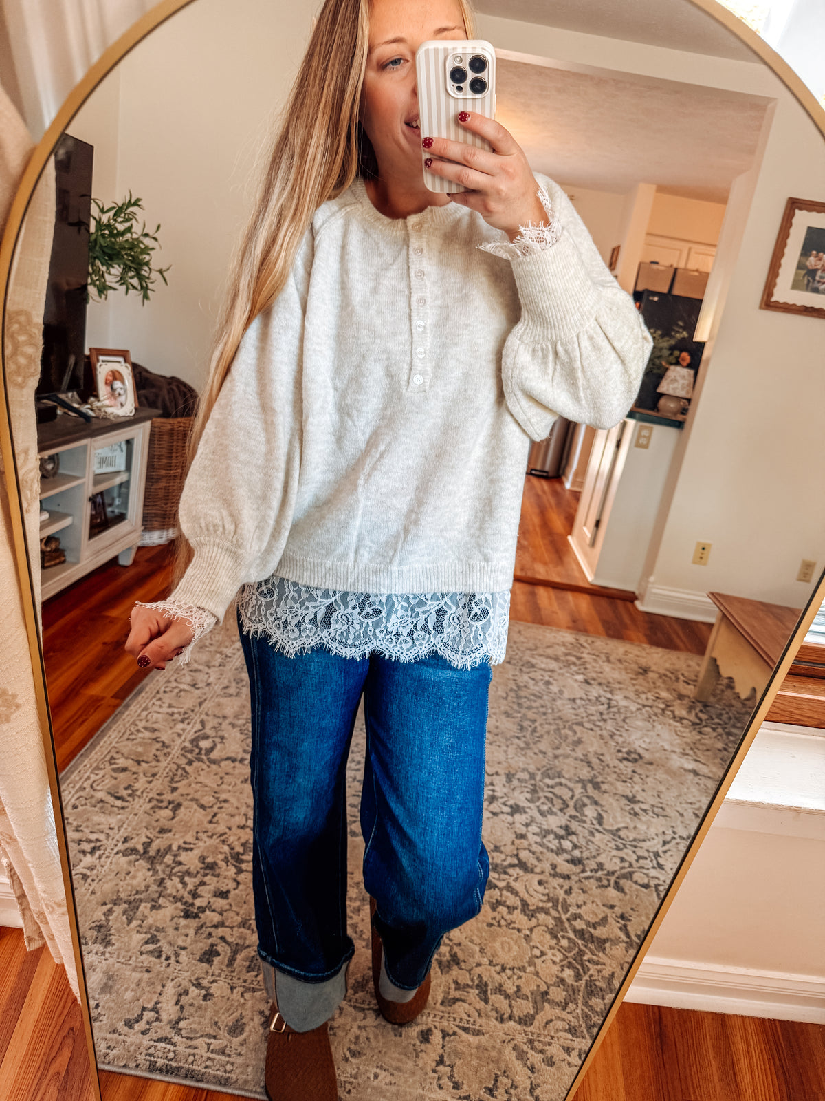 Vanilla Lace Detail Half Button Sweater (S-XL)