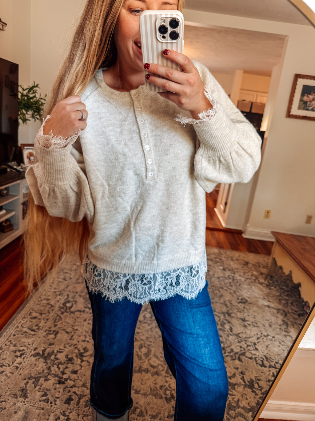 Vanilla Lace Detail Half Button Sweater (S-XL)