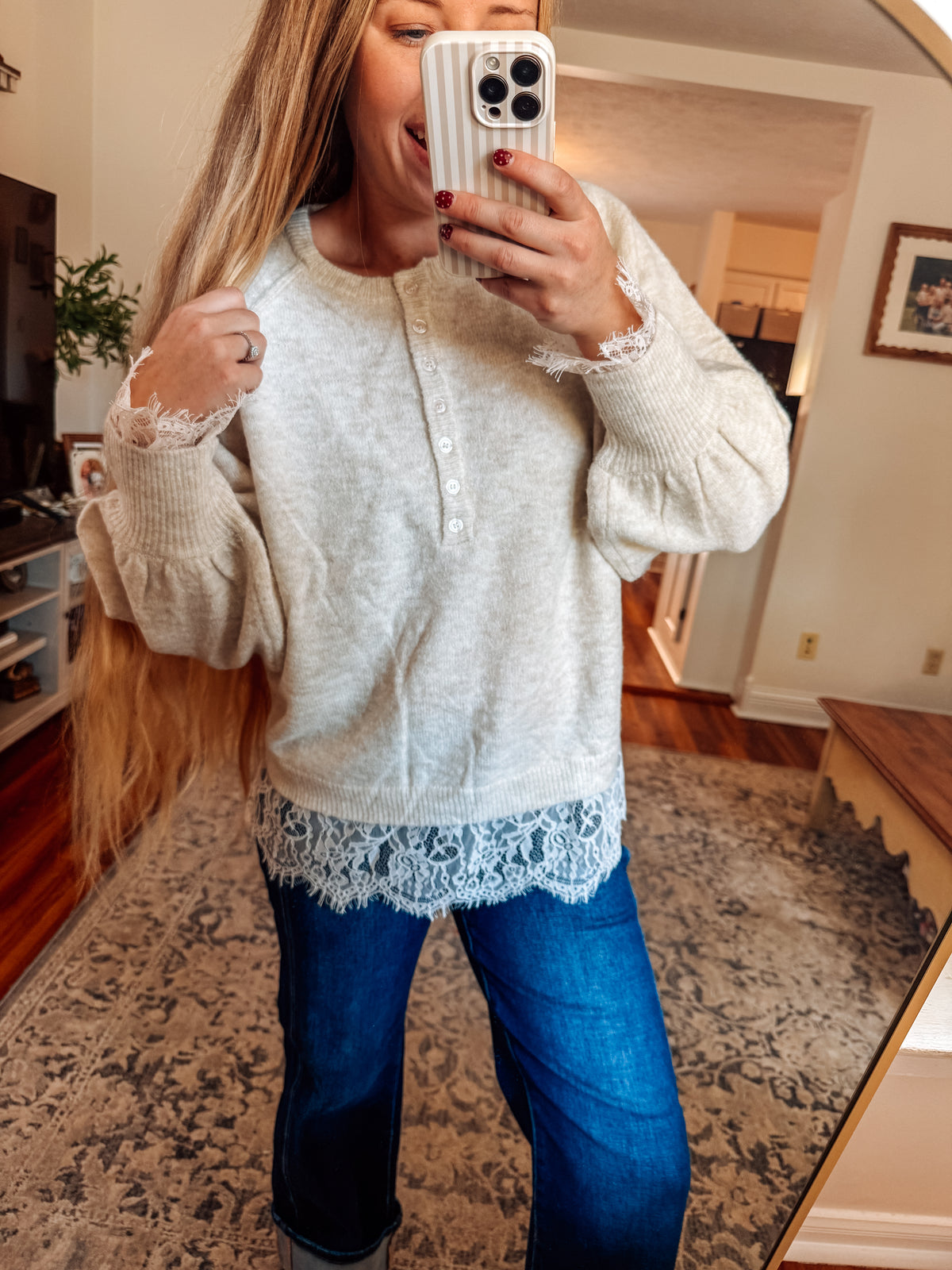 Vanilla Lace Detail Half Button Sweater (S-XL)