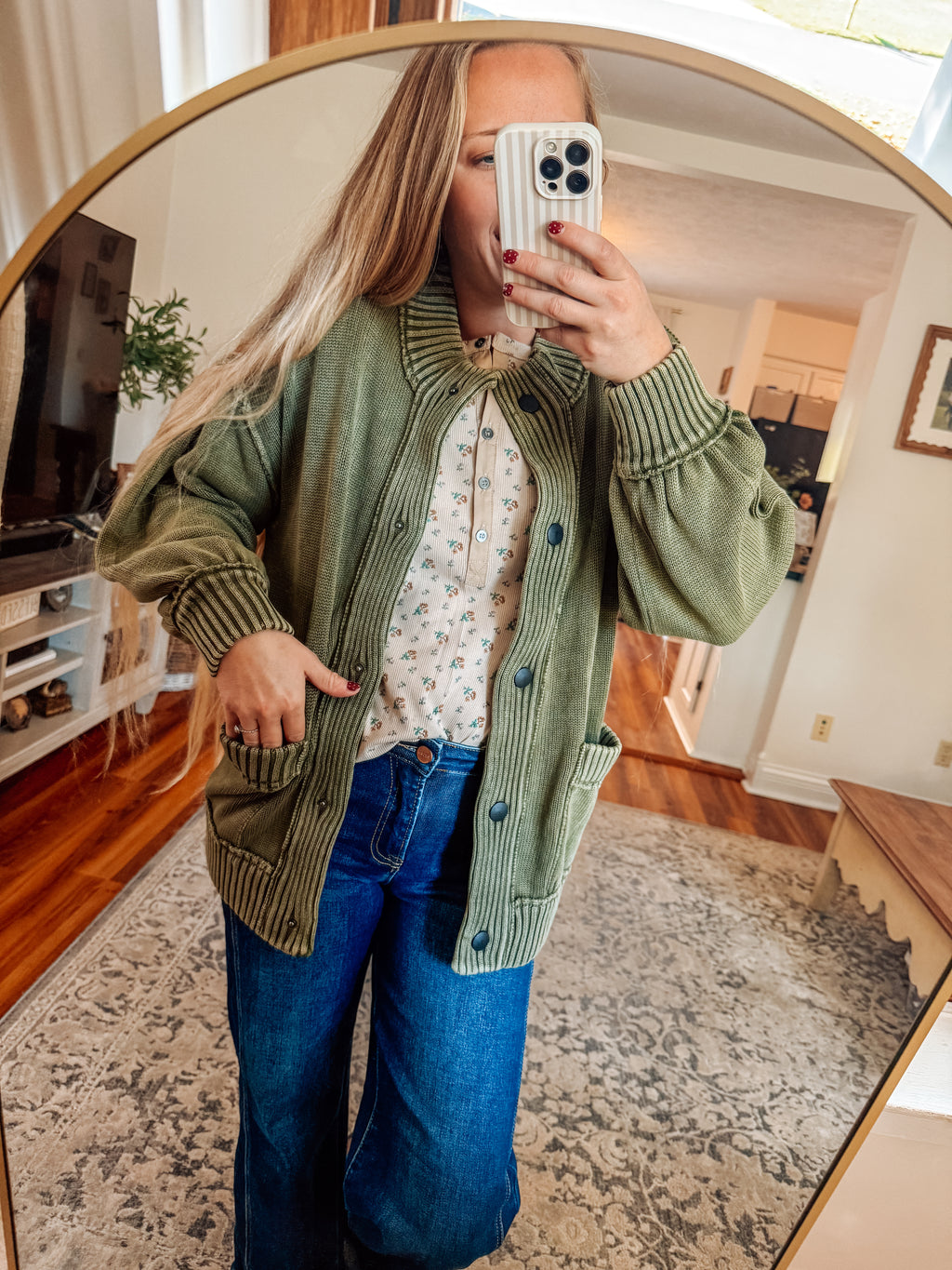 Washed in Olive Ribbed Button Up Cardigan (S-XL)