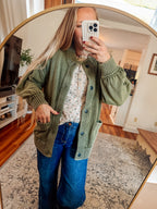 Washed in Olive Ribbed Button Up Cardigan (S-XL)