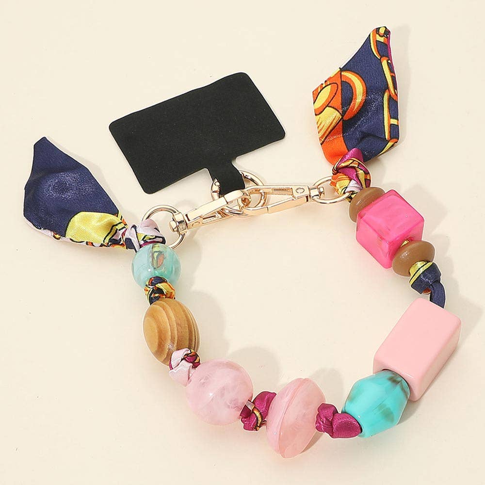 Geometric Beaded Patterned Fabric Scarf Chain Phone Holder Bracelet Wristlet Strap