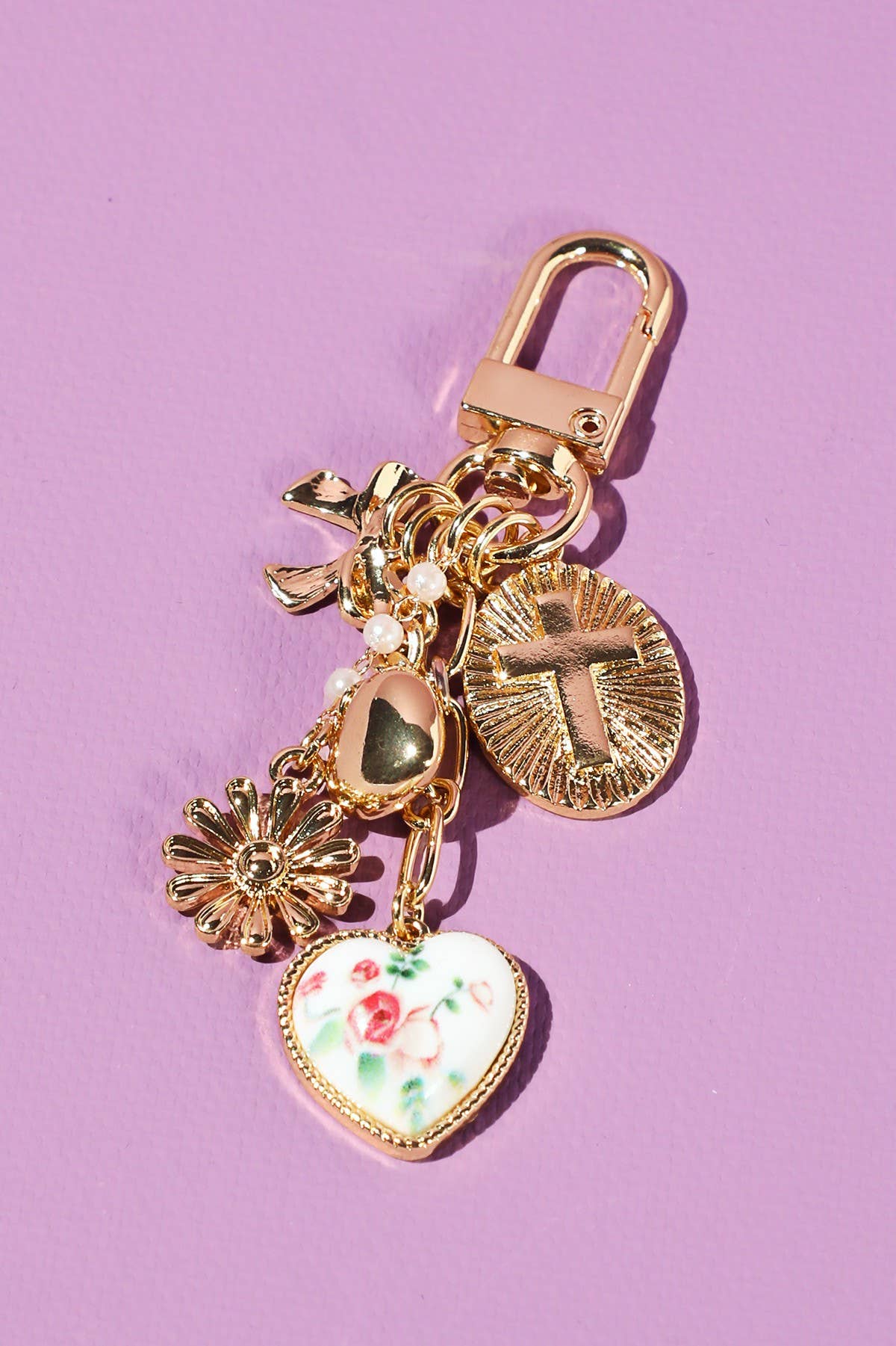 Heart Ribbon Flower Cross Bag Charm