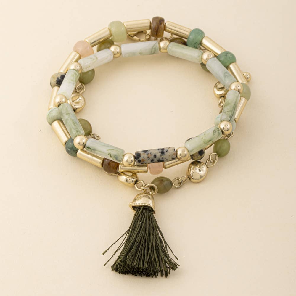 Marbled Tube Bead Tassel Bracelet Set