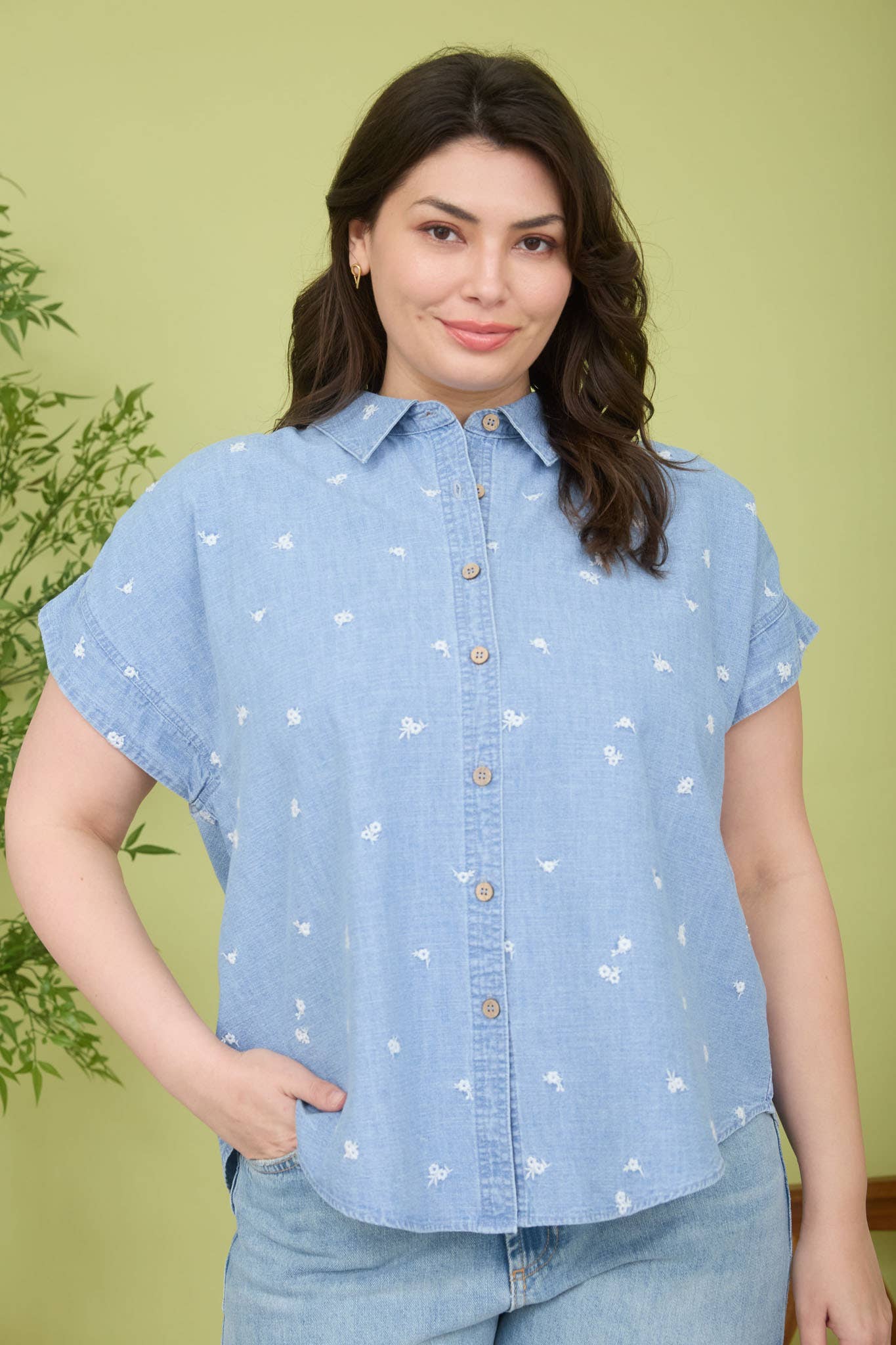 Petal Embroidered Button-Down Top (S-3X)