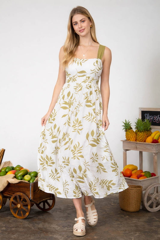 Whispering Leaves Back Tie Midi Dress