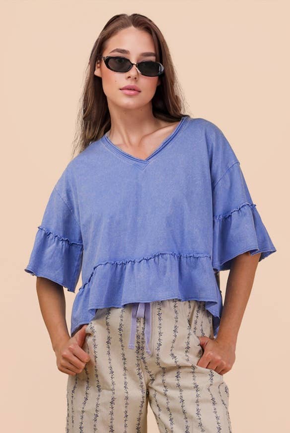 Easy Days Mineral Washed Ruffle Detail Knit Top-Blue