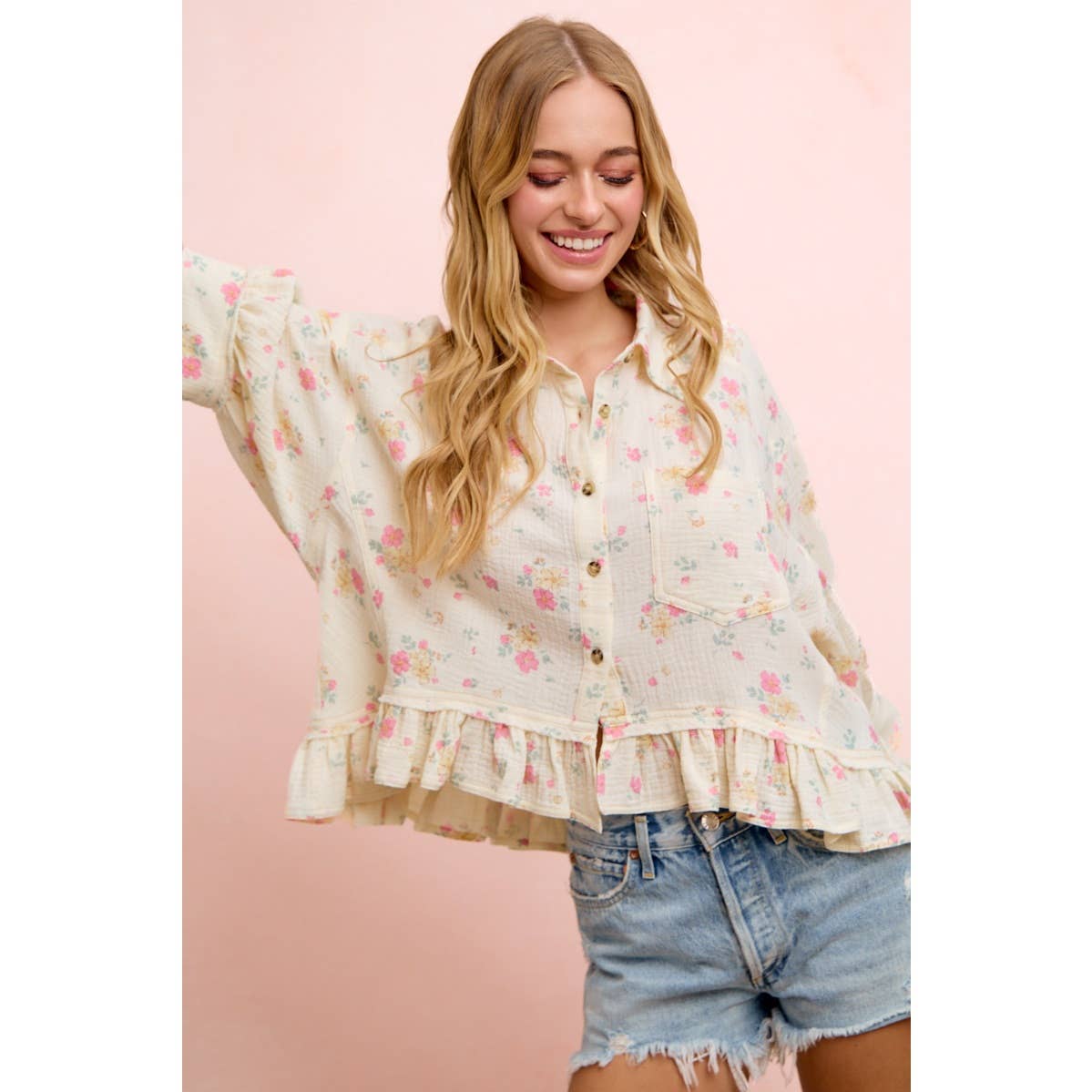 Flora Floral Peplum Button Up (S-Xl)