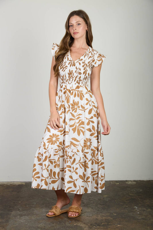 Leaf it Lovely Smocked Midi Dress-Lt. Brown