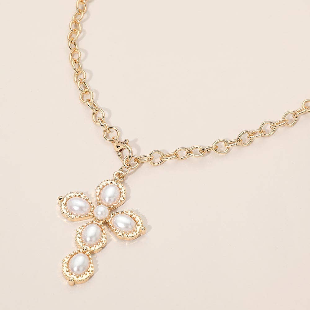 Pearl Cross Pendant Long Necklace