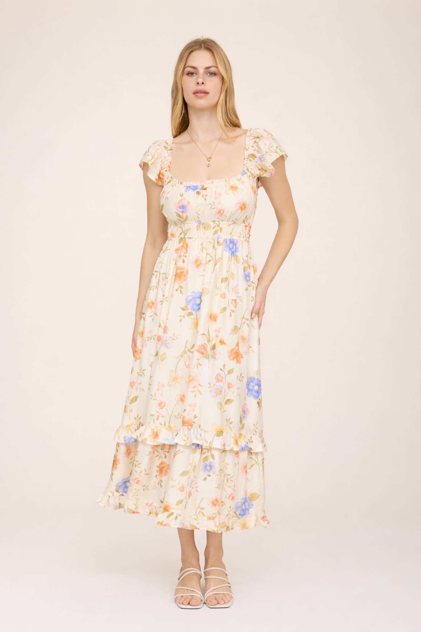 Petals & Poetry Short Sleeve Midi Dress-Beige Multi