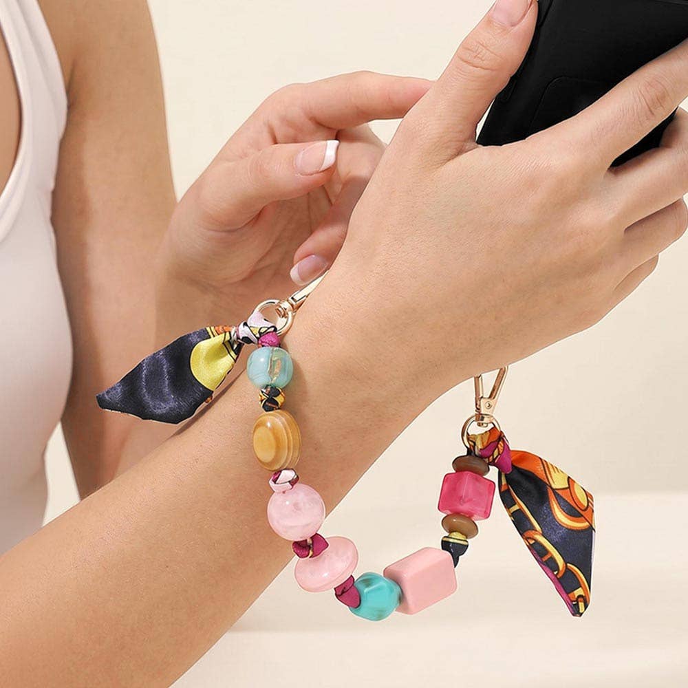 Geometric Beaded Patterned Fabric Scarf Chain Phone Holder Bracelet Wristlet Strap
