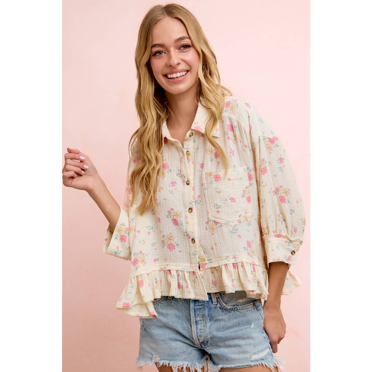 Flora Floral Peplum Button Up (S-Xl)