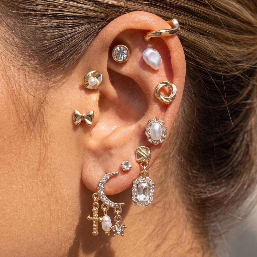 Baroque Pearl Bow & Moon Stud Earring Set