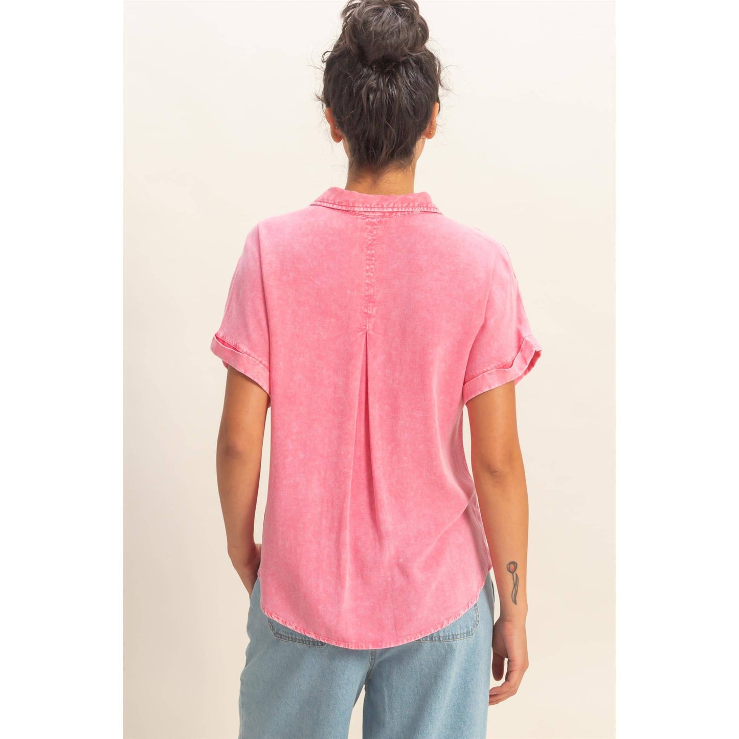 Mineral Wash Button-Up Sleeve Shirt-Pink