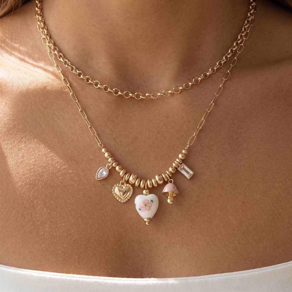 Double Heart Charm Cluster Chain Necklace