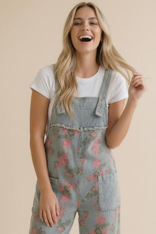 Washed in Florals Denim Overalls