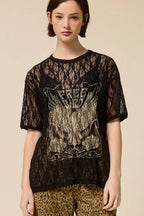 Free Bird Graphic Sheer Lace Tee
