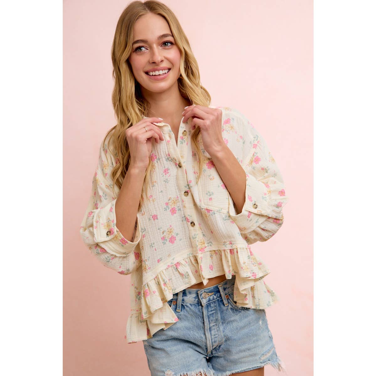 Flora Floral Peplum Button Up (S-Xl)