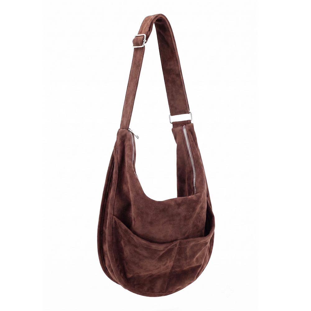 Faux Suede Slouchy Crossbody Hobo Bag: Dark Brown