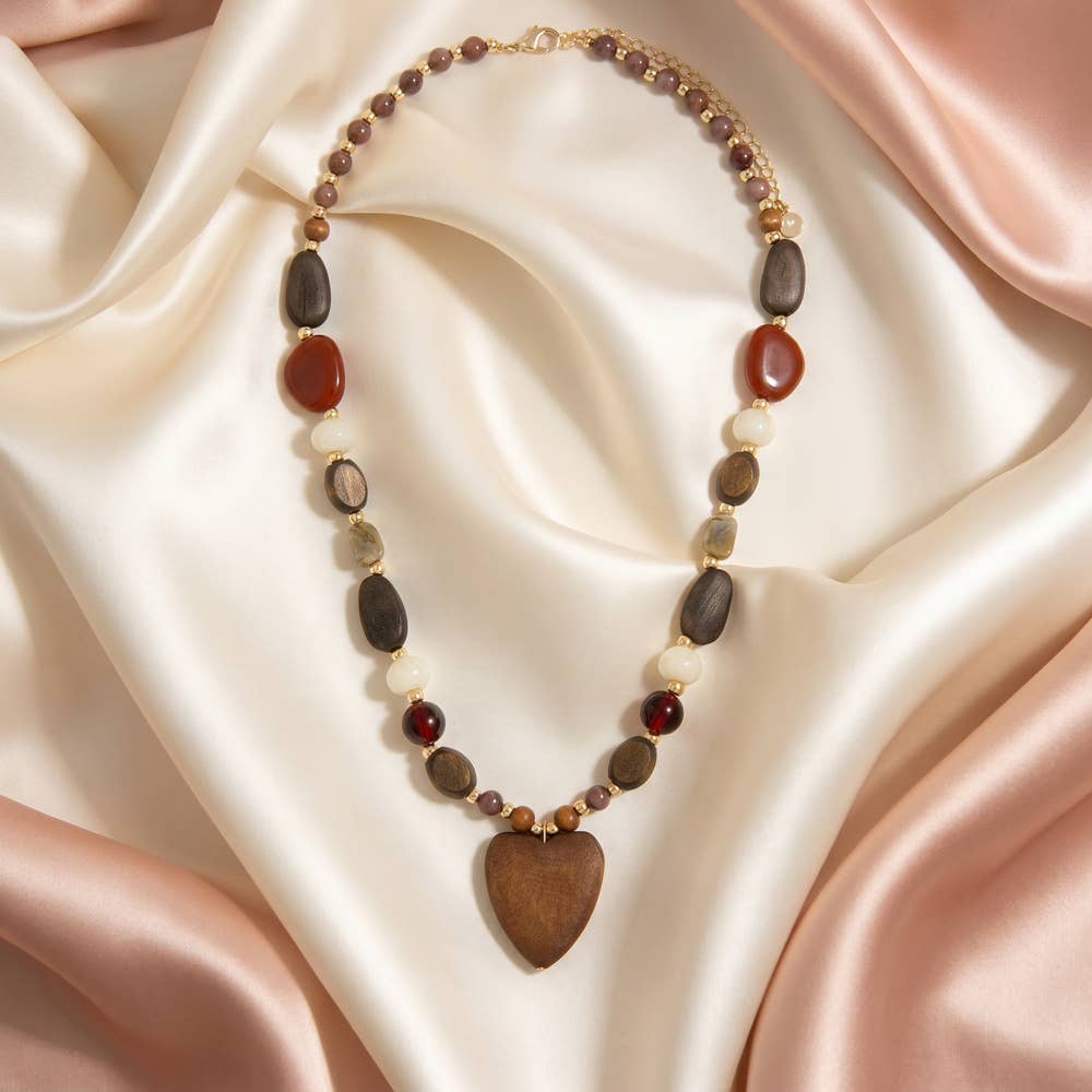 Wood Bead Heart Pendant Necklace