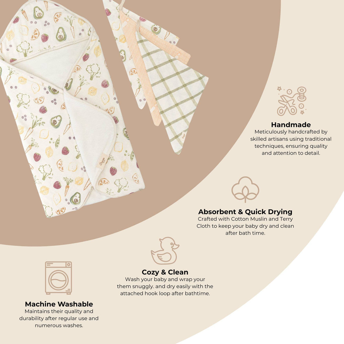 Clementine Hooded Baby Bath Towel & Washcloth Set: Clementine Fruits & Veggies / White / Hooded Towel & Wash Cloth Set