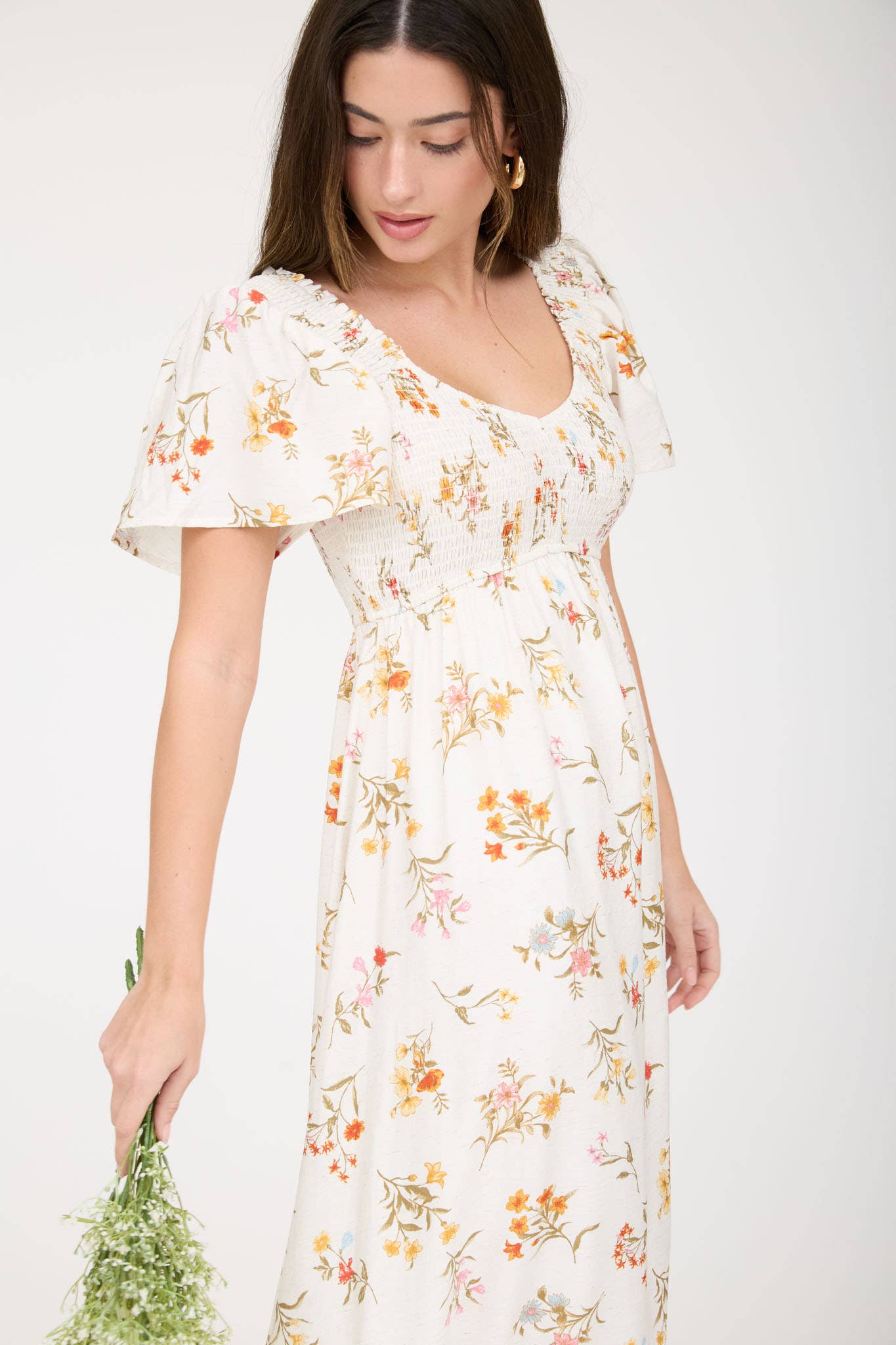 Floral Bell Sleeve Smocked Midi Dress
