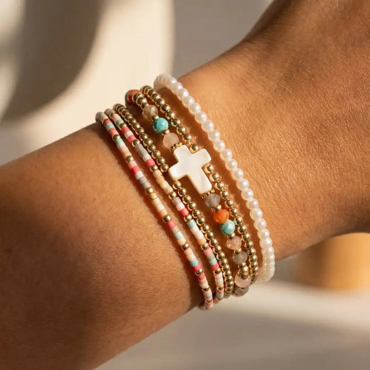 Cross Charm Mixed Mini Beaded Bracelet Set
