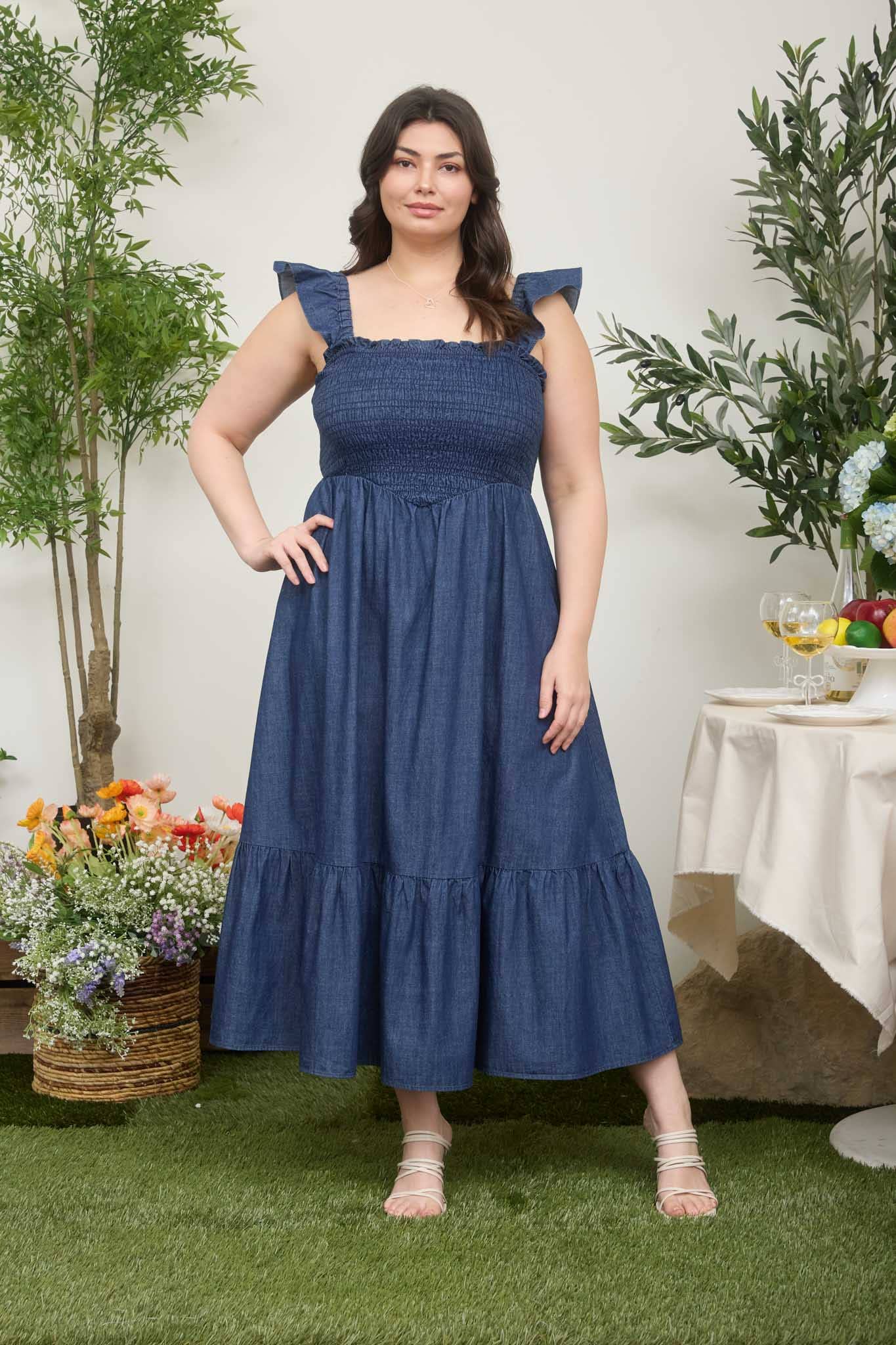 Darling Denim Smocked Midi Dress (S-3X)