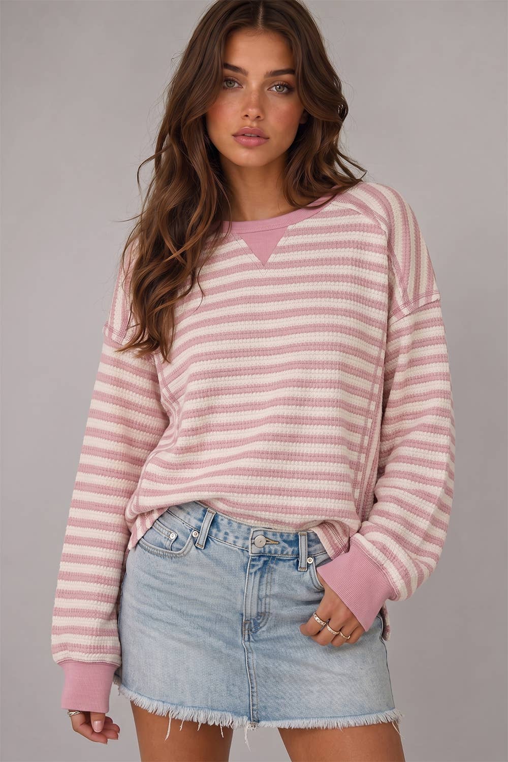 The Cozy Contrast Waffle Top-Pink