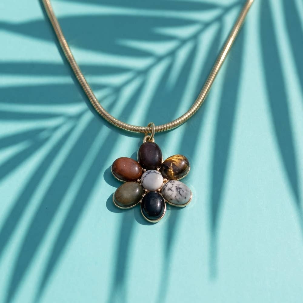 Semi Precious Stone Flower Pendant Necklace