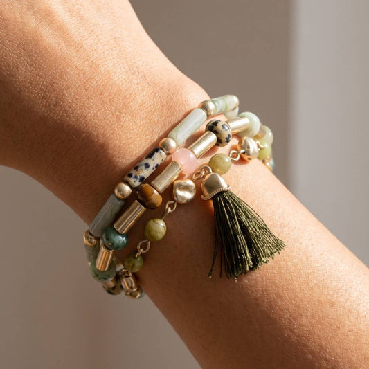 Marbled Tube Bead Tassel Bracelet Set