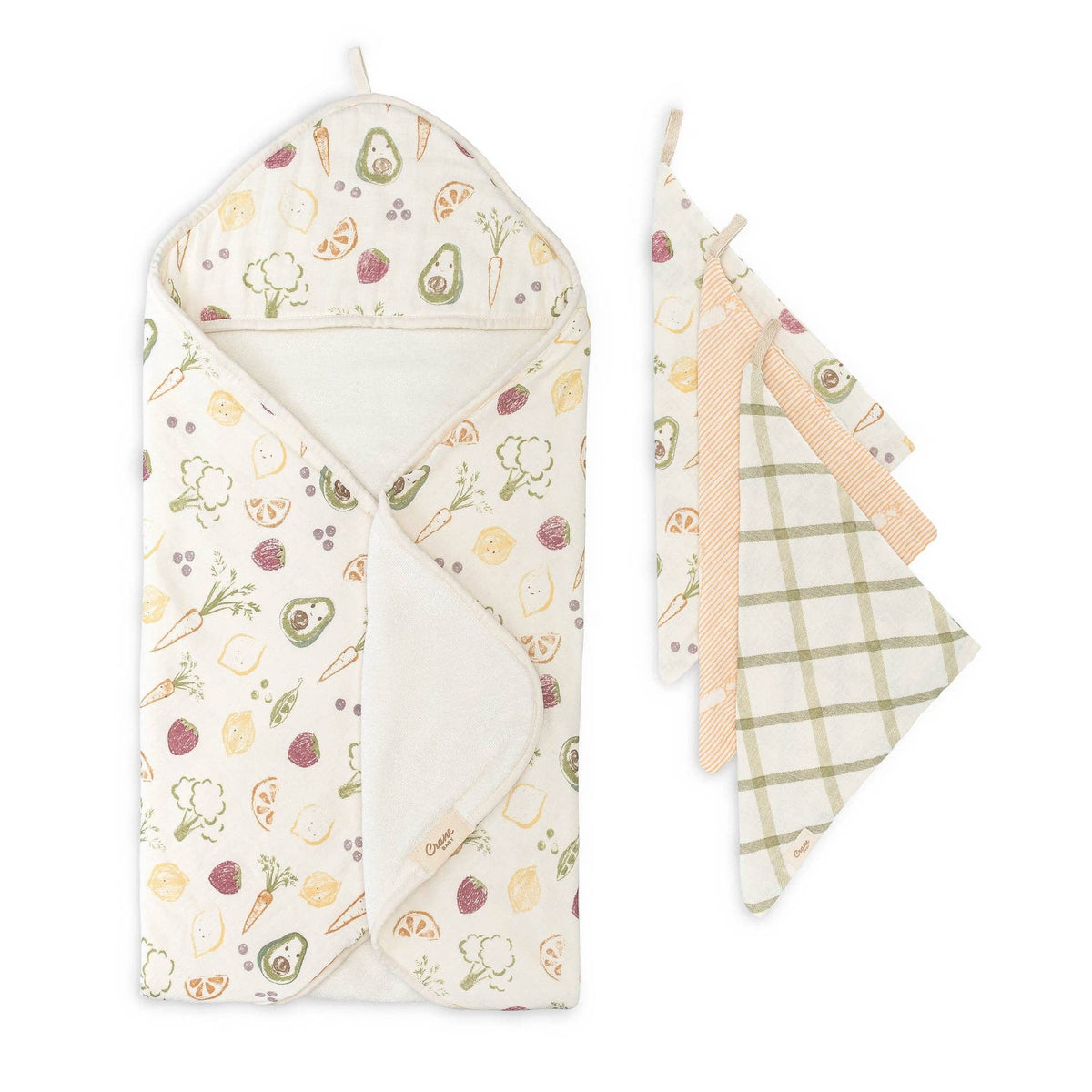 Clementine Hooded Baby Bath Towel & Washcloth Set: Clementine Fruits & Veggies / White / Hooded Towel & Wash Cloth Set