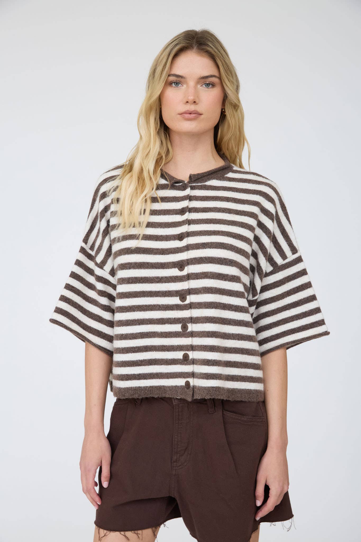 Golden Hour Striped Button Down Cardigan-Brown