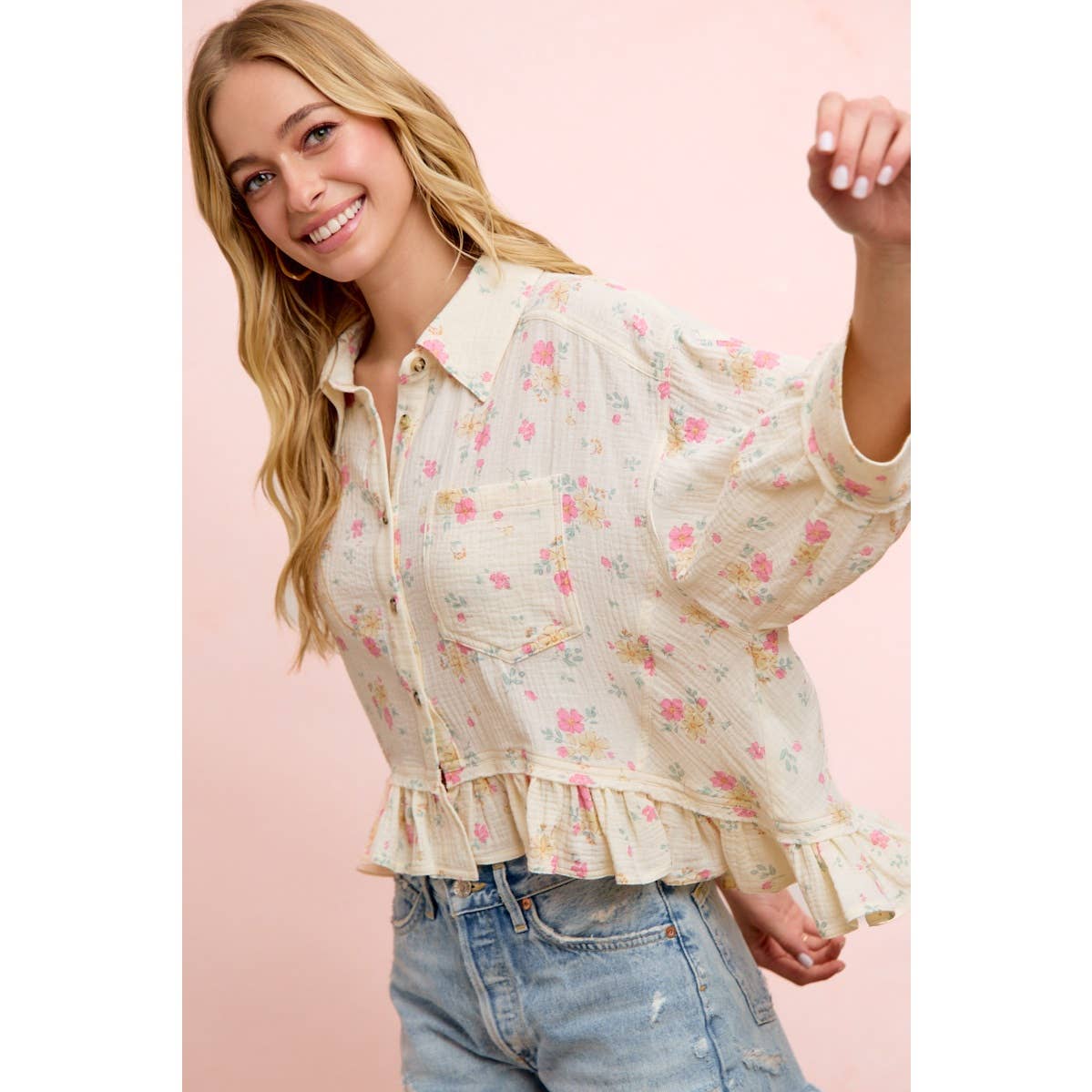 Flora Floral Peplum Button Up (S-Xl)