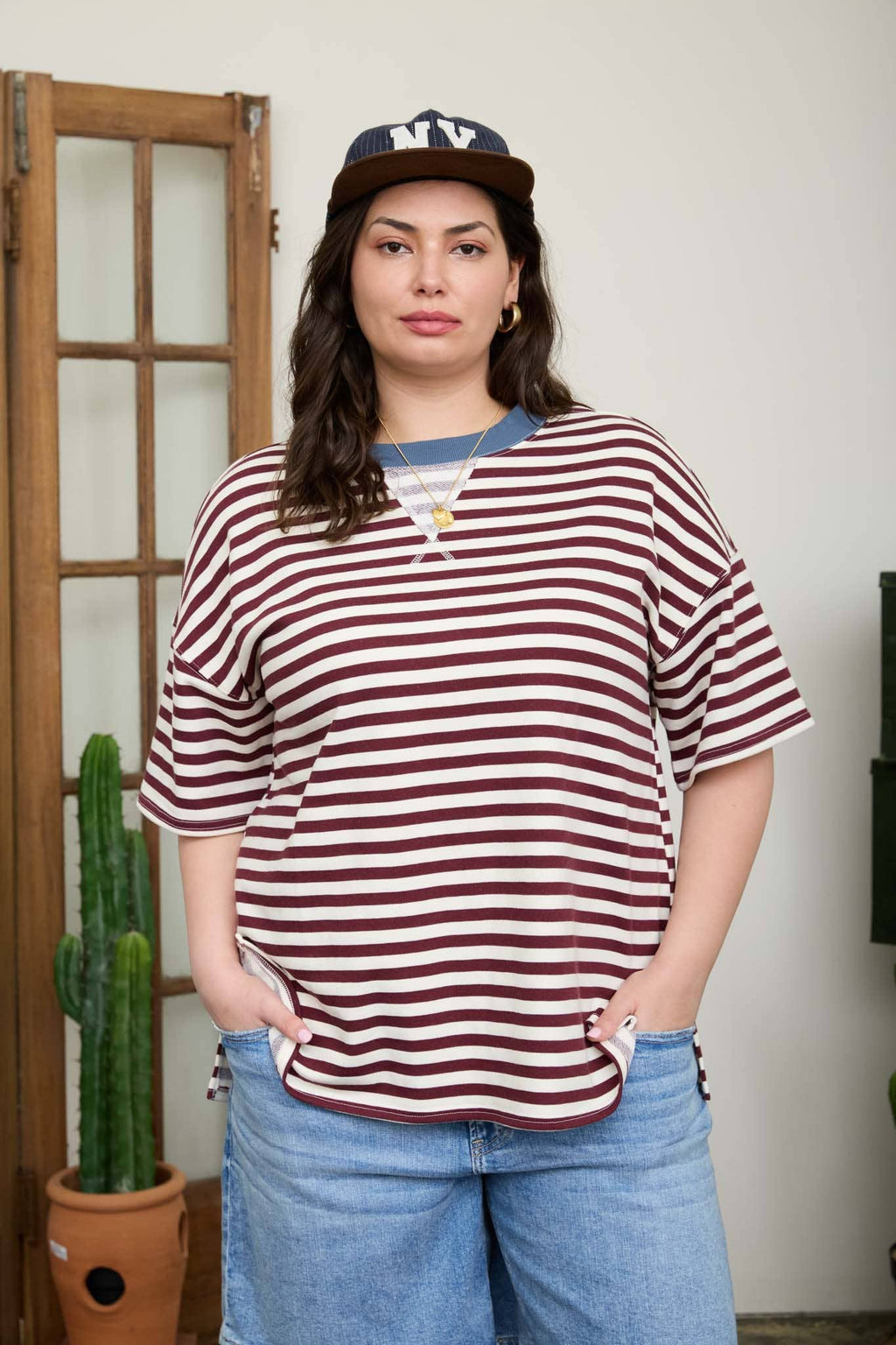 Simply Striped Basic Short Sleeve Top-Burgundy (S-3X)